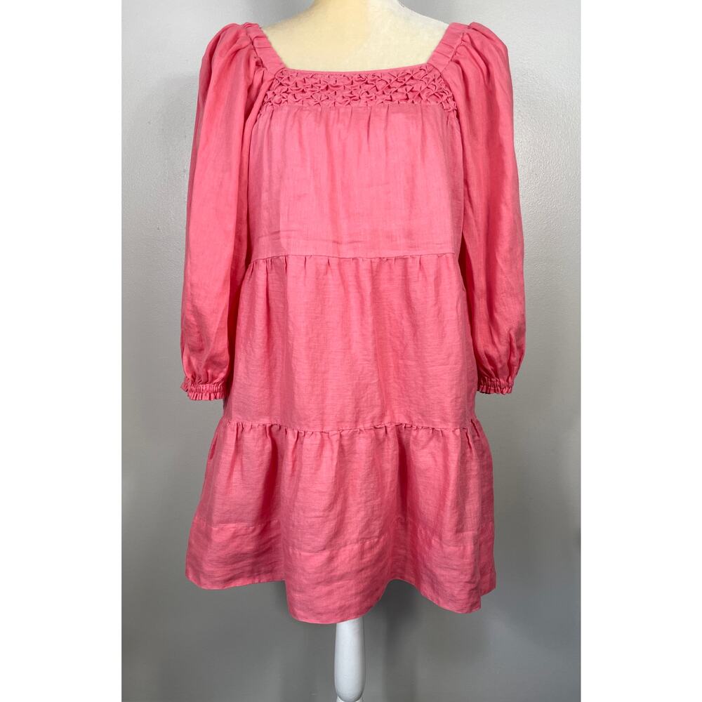 Tyler Boe Ansley Linen Mini Puff Sleeve Tiered Dress Coral Pink Small Beachy - Picture 3 of 13